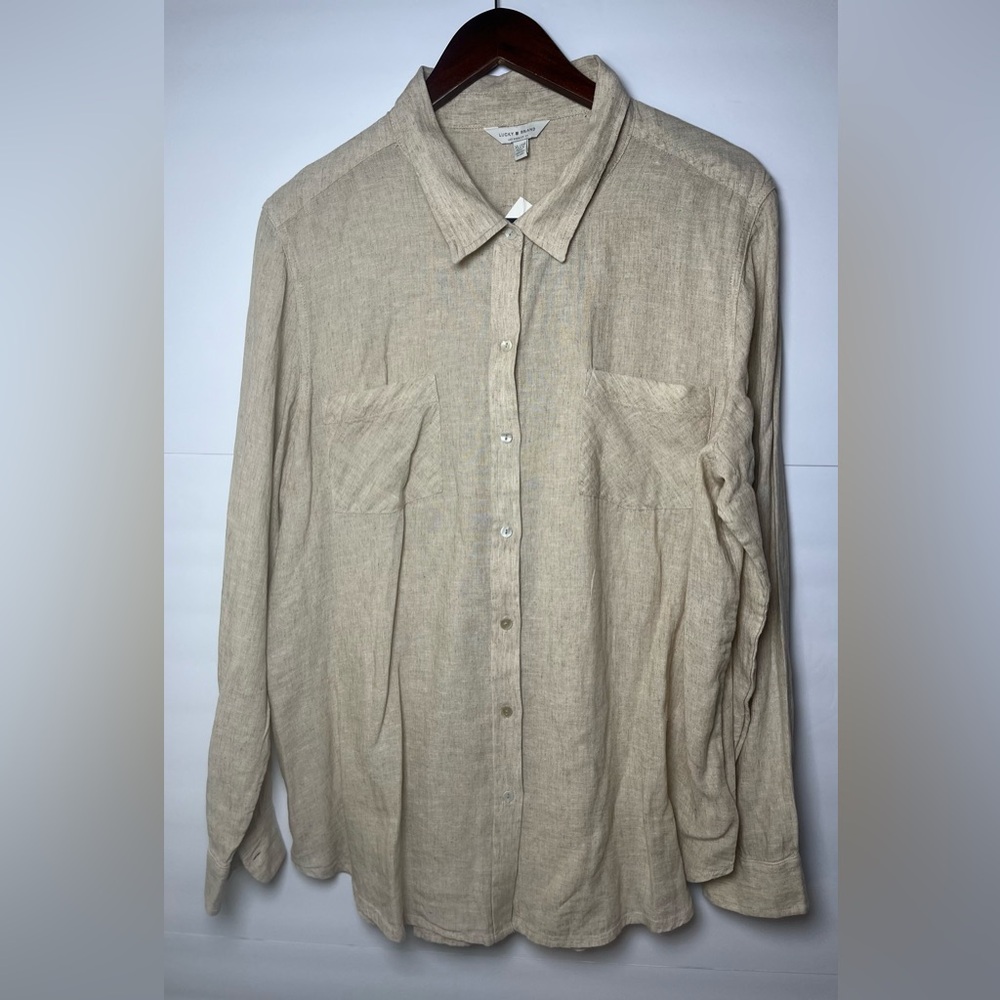 Lucky Brand Women’s Natural Beige Oatmeal Shirt Button Up Pockets Linen Blend XL